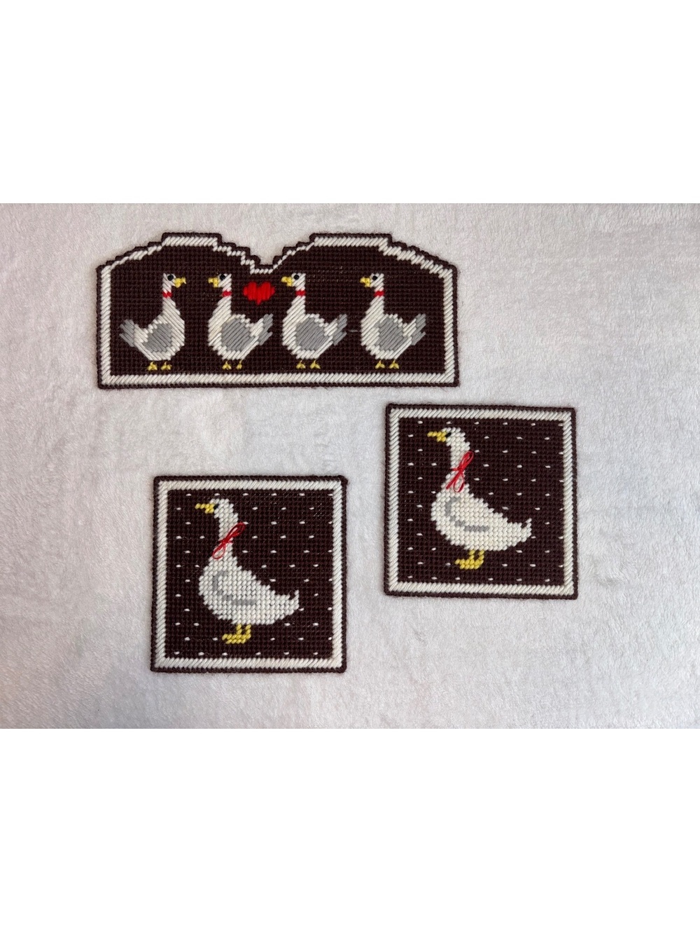 Vintage 80s Handmade Plastic Canvas Country Goose Framed Wall Hanging Art Set 3
